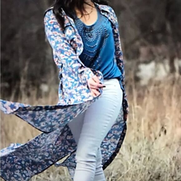 Haute Hippie NWOT Long Sleeve‎ Blue Floral Buttoned Midi Dress Size Small - Picture 1 of 13